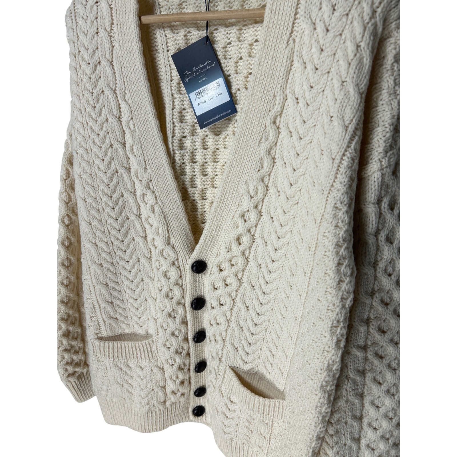 Aran Woollen Mills Cable Knit Cardigan Cream White Irish Wool Sweater Mens L Nwt — image 4 of 8